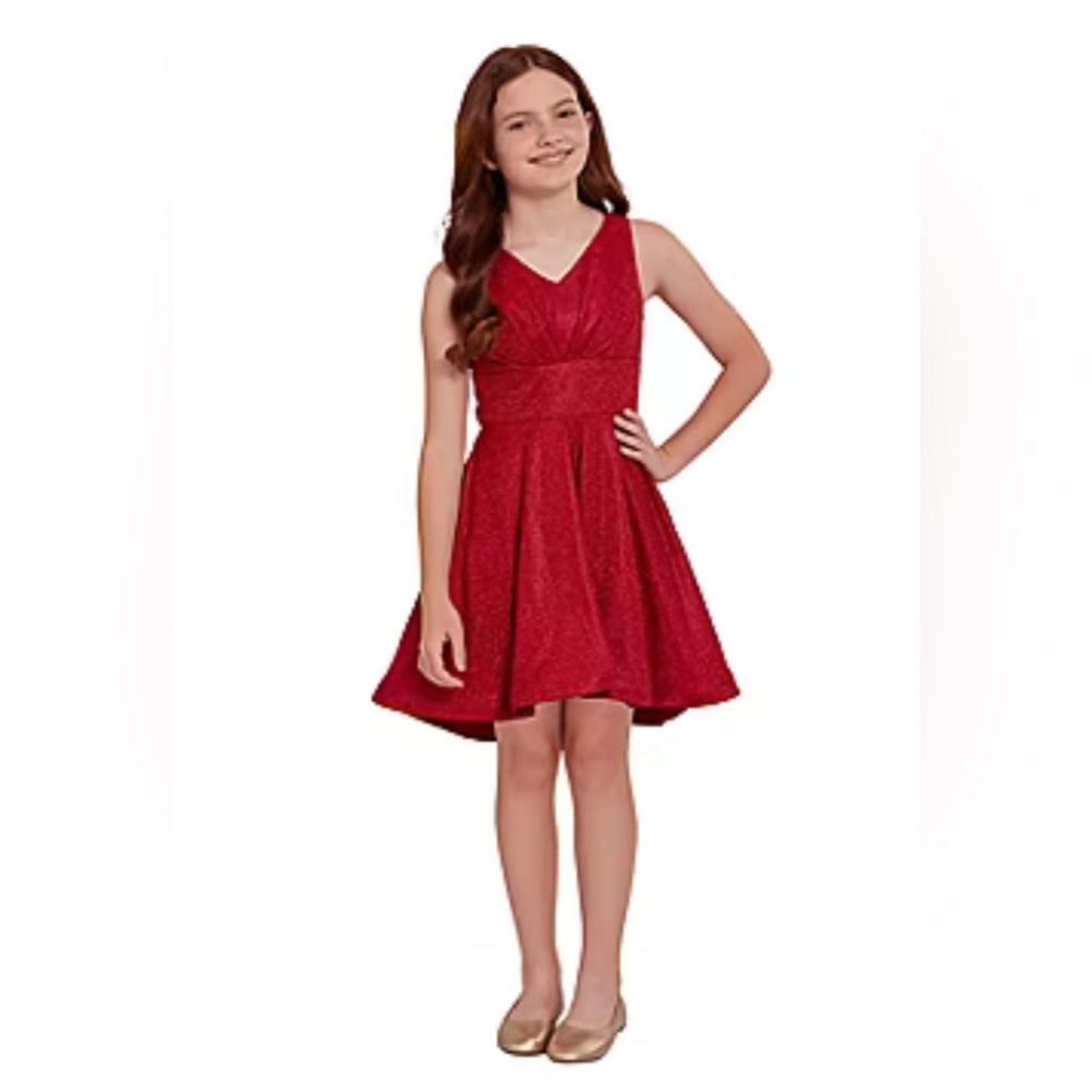 Bonnie Jean Red Glitter V-Neck Party Dress